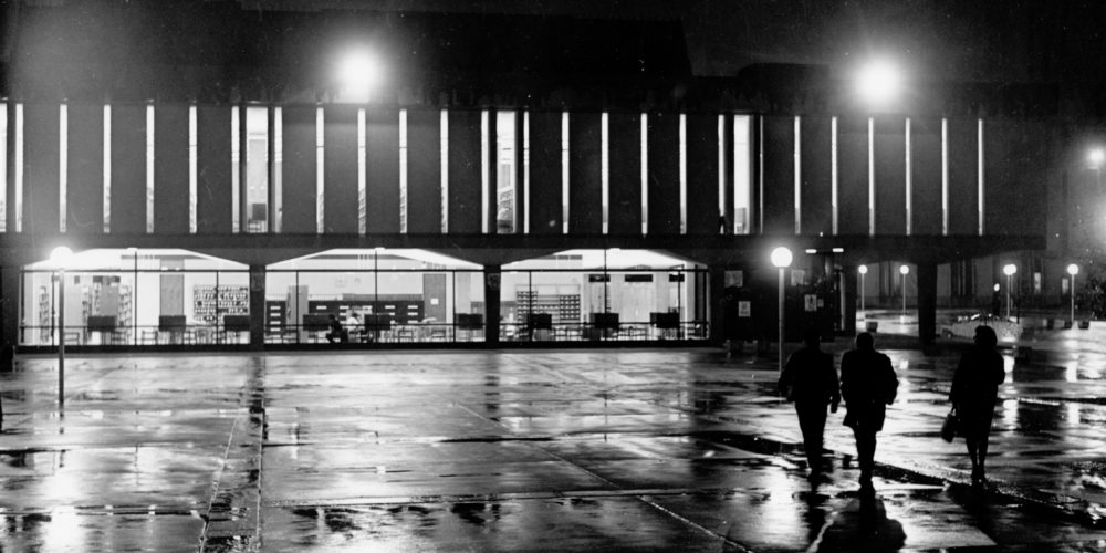 Dana Library at night.