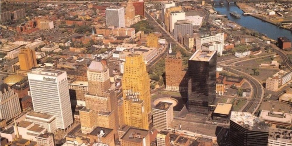 Aerial image of downtown Newark in the 1980s from a contemporary postcard.